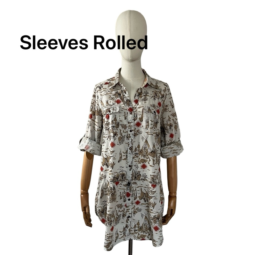 Tasha Polizzi Western Print Rolled Sleeve Tunic With Pockets White Brown Size M - Picture 4 of 16